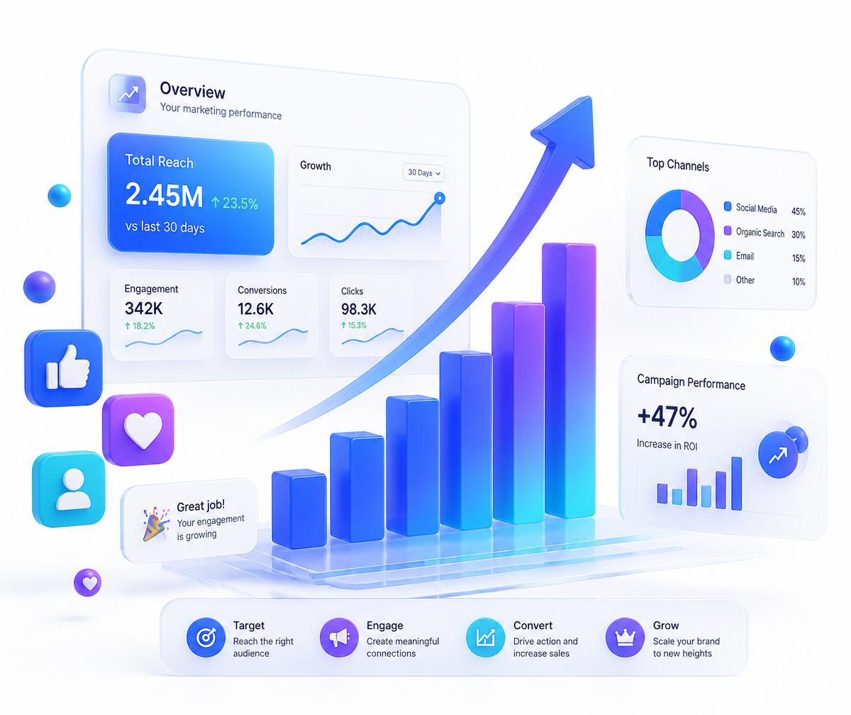Illustration of a digital marketing dashboard showing campaign growth